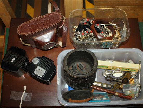 Pens, jewellery, coins, wooden pot, etc & 2 cameras